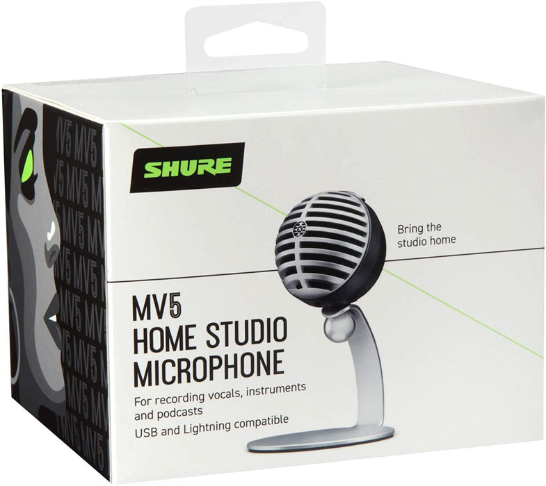 Shure MV5-LTG Digital Condenser Microphone for USB and Lightning, 3 DSP Preset Modes, Integrated Pre-Amp, Zero Latency Monitoring, Headphone Jack, 24 Bit / 48 Khz Audio Capture