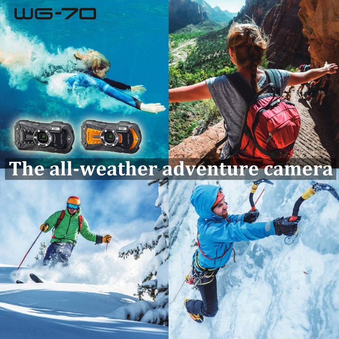 Ricoh WG-70 Orange Waterproof Digital Camera 16MP, Black