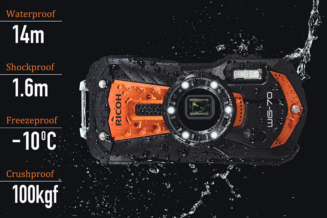 Ricoh WG-70 Orange Waterproof Digital Camera 16MP, Black