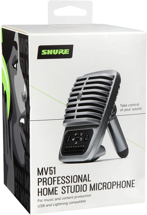 Shure MV51 Digital Large-Diaphragm Condenser Microphone for USB and Lightning, 5 DSP Preset Modes, Integrated Pre-Amp, Zero Latency Monitoring, Headphone Jack, Good-Quality Audio Capture