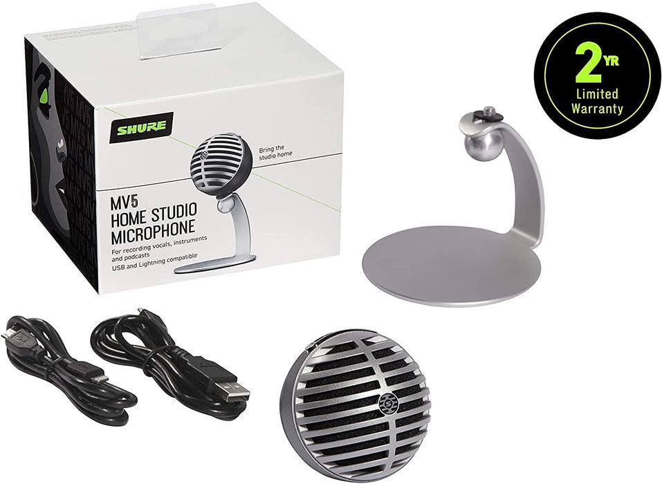 Shure MV5-LTG Digital Condenser Microphone for USB and Lightning, 3 DSP Preset Modes, Integrated Pre-Amp, Zero Latency Monitoring, Headphone Jack, 24 Bit / 48 Khz Audio Capture