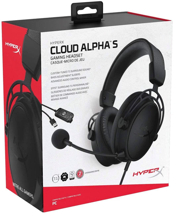 Hyperx Cloud Alpha S - PC Gaming Headset, 7.1 Surround Sound, Adjustable Bass, Dual Chamber Drivers, Breathable Leatherette, Memory Foam, and Noise Cancelling Microphone - Blackout (HX-HSCAS-BK/WW)