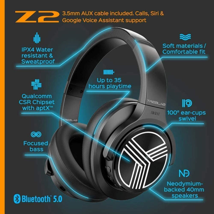 TREBLAB Z2 - Ultra Premium over Ear Wireless Headphones - Hyperhd Sound, High-End Bluetooth Stereo Aptx, Active Noise Cancelling ANC Microphone, 35H Battery, Best Sports Gym Workout Travel Auriculares