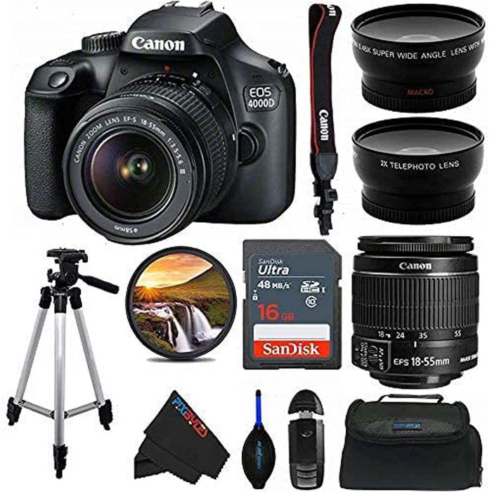 Canon EOS 4000D DSLR Camera with 18-55mm f/3.5-5.6 III Lens + 50-Inch Tripod + Pixi Advanced Bundle (International Version)